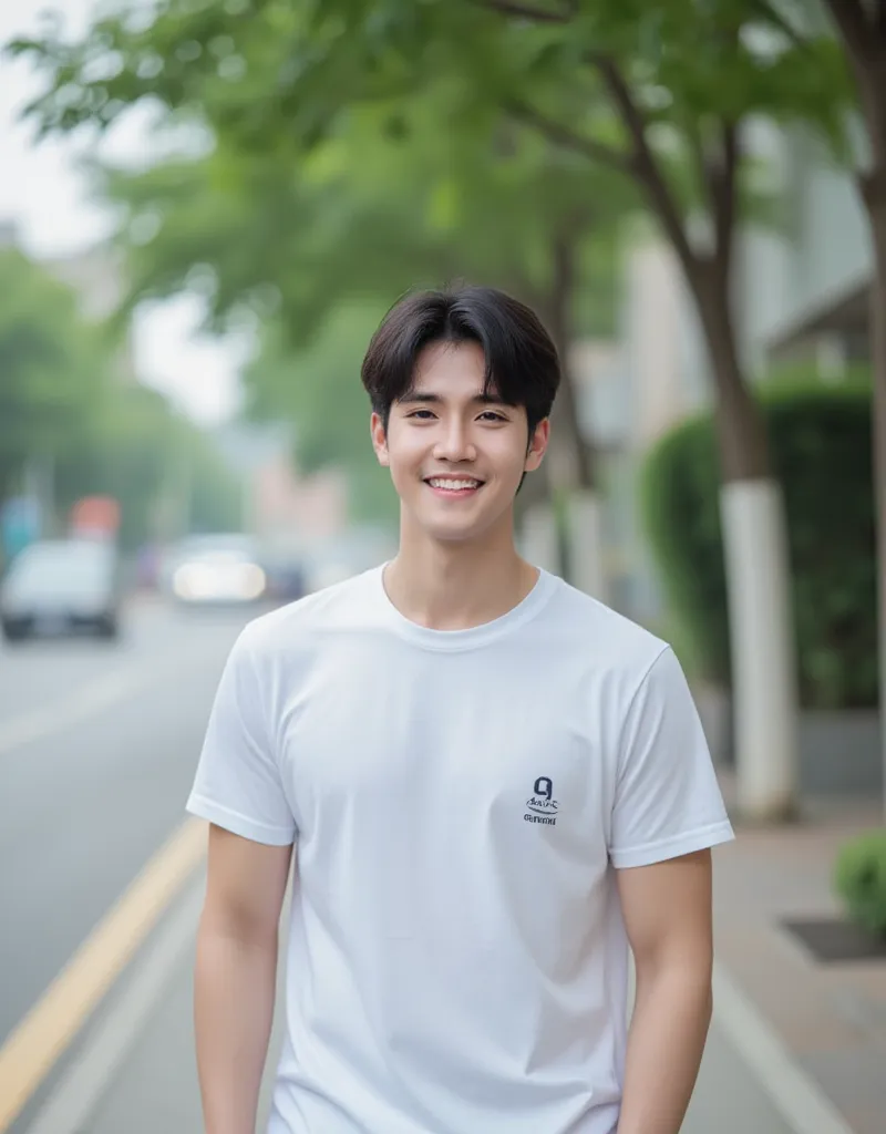 A young Asian handsome man, wearing t shirt , 99 number on t shirt on lest side small size , medium size hair, walking, smiling painfully 