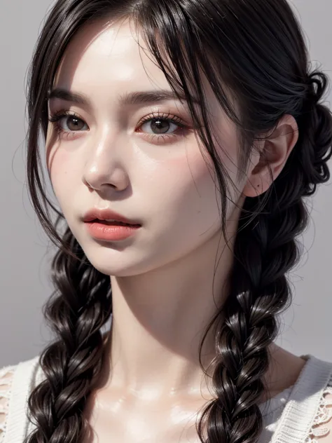 masterpiece, best quality, 1 female, beautiful,  portrait , deep  Makeup  ,   1girl  , face focus, long hair, black hair,  lipstick , Goth , Diana \(league of legends\),  Makeup  ,  Pale skin ,  perfect ,   gray eye  , braided hair