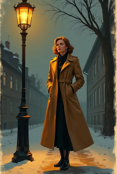 Create a stylized illustration inspired by the song Lili Marleen, designed to be painted on a traditional German beer mug. The art must portray a German woman from the 1940s, wearing an elegant overcoat and dress from the period, standing under the soft li...