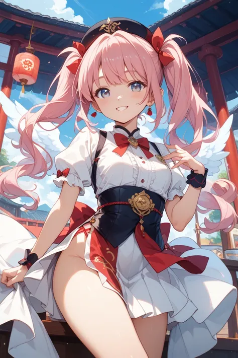 classy gaming icons。Angel with pink hair。 furi furi clothesを着ている女の子。Eyes are moist。twin tails。sagitales。 furi furi clothes。There is a lot of light in the eyes。A crisp pattern