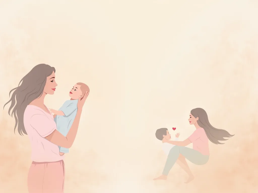 "A wide Pinterest banner with a soft pastel color scheme (pink, beige, and light blue). The banner should feature a warm and welcoming illustration of a mother holding a baby or a nurturing motherhood-related scene. The design should feel modern, elegant, ...