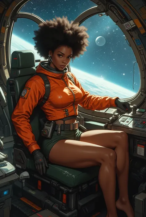 Imagine a daring space adventurer sitting in the pilot seat of a space ship surrounded by control panels, the space is tight and claustrophobic. she is a African woman space adventurer in an orange space suit top with long sleeves that covers her arms and ...