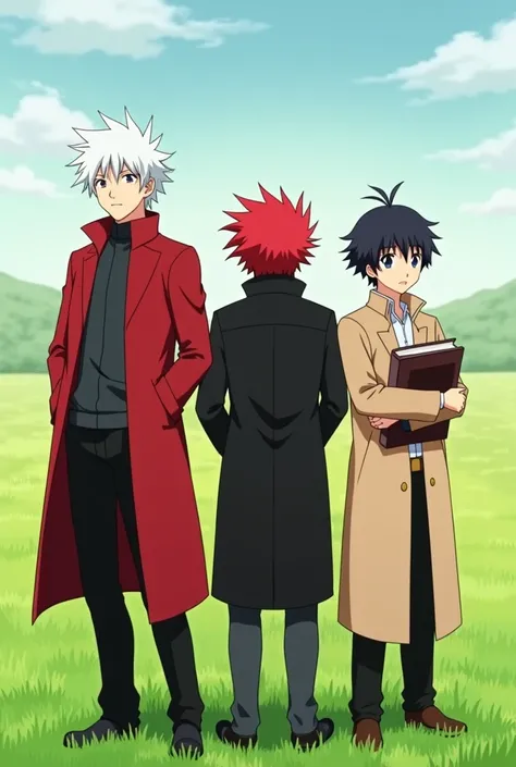 good quality anime cover with three people standing next to each other, one with white hair and a red long jacket, second next to him with red hair and a black jacket, tritium with small bristles holds a thick book in a long beige coat. Against the backgro...