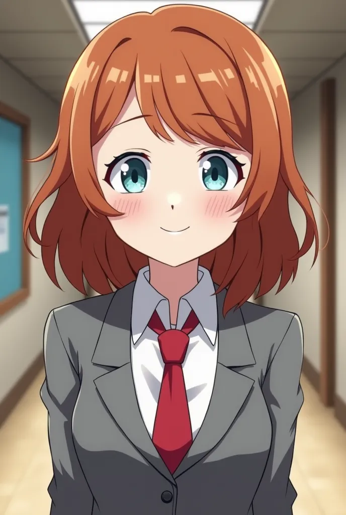 Screenshot of My hero academia.  girl. White skin. Light pastel blue eyes. Ginger dark wavy hair. smiling and outgoing expression. His clothing is the female uniform of the UA academy, a gray jacket and red tie. The background is the hallways of the U.A. A...