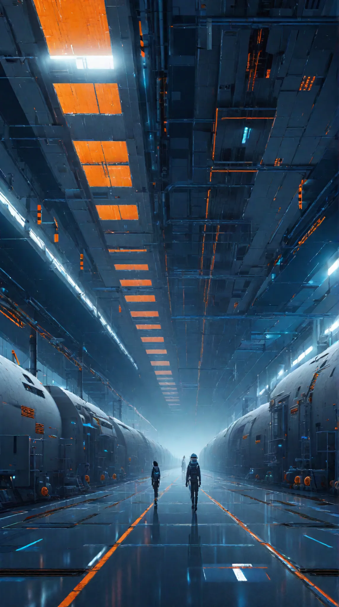 Wide angle shot, Industrial space base blending the artistic style of Christopher Balaskas and Yuko Shimizu, dark gray, Blue and orange color tone