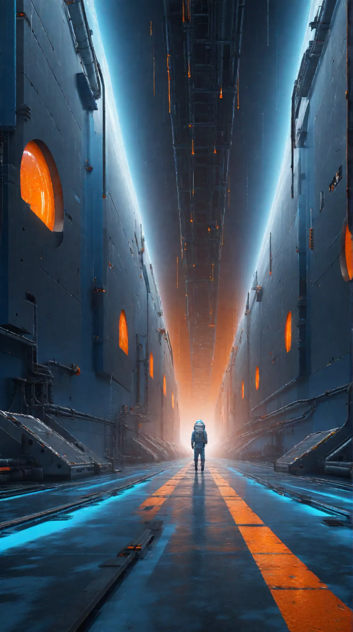 Wide angle shot, Industrial space base blending the artistic style of Christopher Balaskas and Yuko Shimizu, dark gray, Blue and orange color tone