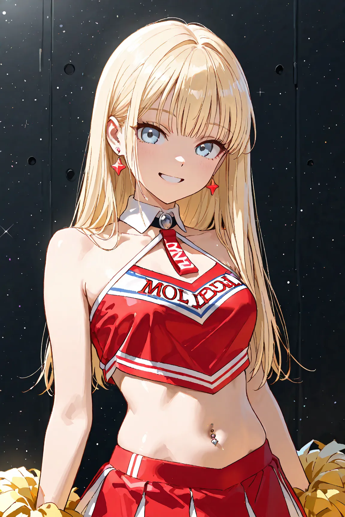 Top model, long blonde straight hair, light blue eyes,red midriff cheerleader outfit, navel piercing, earrings,modelshoot,smiling 