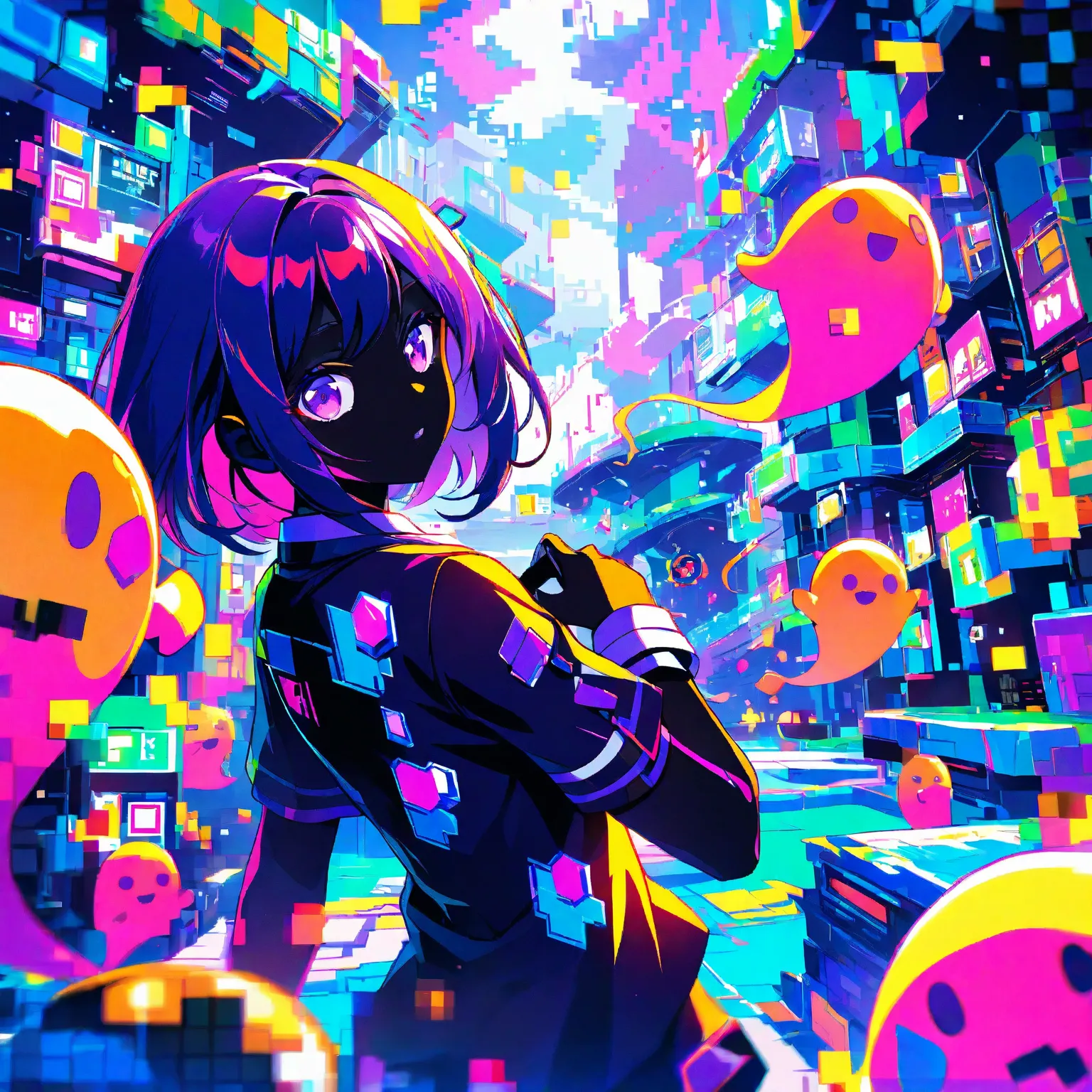 ghost, Black skin, purple eyes, Pixelated forest environment, 16bit, saturated colors, anime atmosphere, digital art