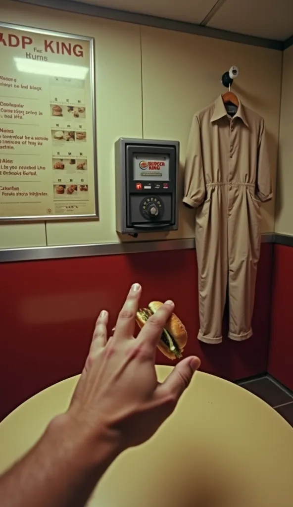 first-person POV hand inside the Burger King breakroom, where an old punch-in machine (or touchscreen clock-in system) is mounted on the wall. Your Burger King uniform is wrinkled but ready, hanging from a hook. A half-eaten Whopper from the night shift si...