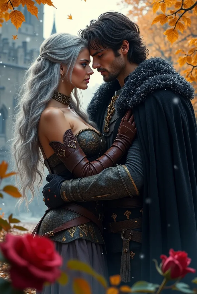 A romantic fantasy book cover featuring a strong, passionate couple in an autumnal medieval setting. The woman has long, flowing silver hair, striking blue eyes, and wears a detailed leather and fur-trimmed outfit, evoking a warrior-princess aesthetic. Her...