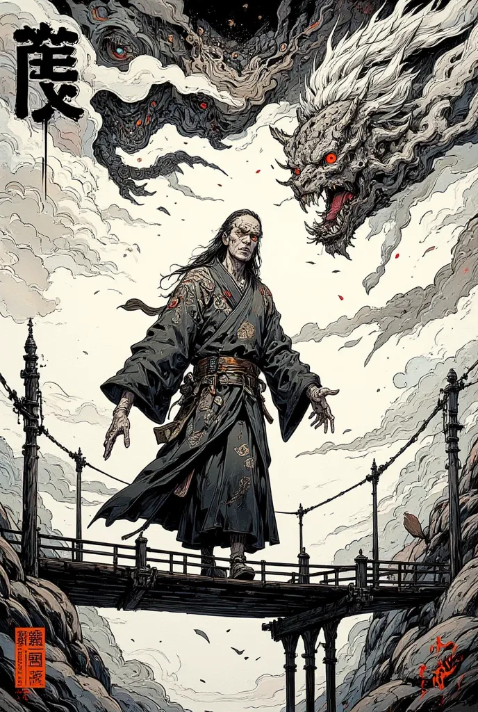    There is an Ukiyo-e of a crazy Japanese monk wearing a hat ,  A monk walking on a suspension bridge while chanting Nembutsu ,Scary works,Exorcist,A monster that flies in the sky,The kanji for burning , Occult Horror Art,bright red hollow eyes, mixed sty...