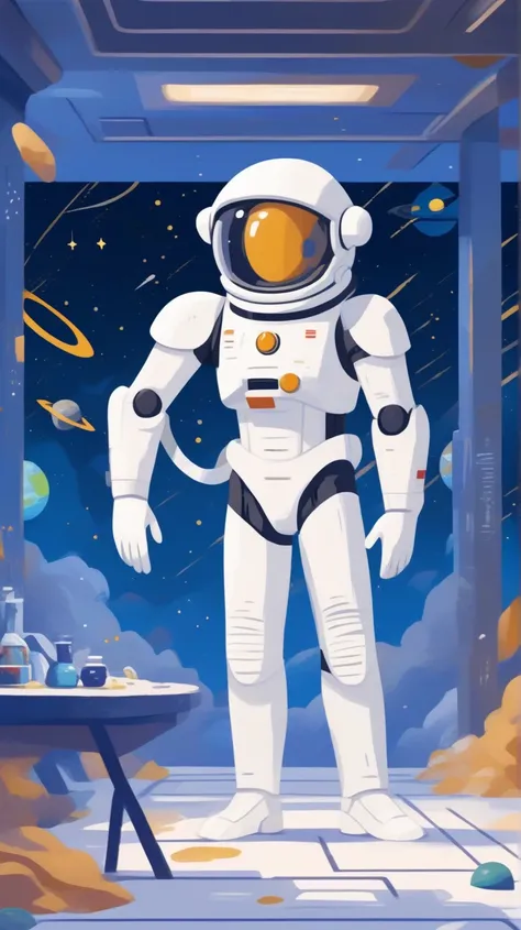 Spectacular oil painting in the style of John William Waterhouse, depicting an advanced human android, gracefully standing in the middle of the space station. The station is surrounded by space debris, adding a sense of mysticism and wonder. Android Man is...