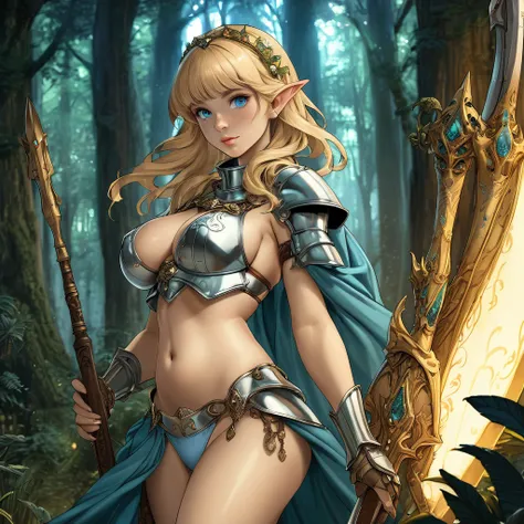 Masterpiece, detailed illustration, Alphonse Mucha style, fun, fantasy, medieval European forest, 1girl, cowboy-shot, Holding a weapon, Bow \(Weapon\), Arrow \(Projectile\), elf, attractive, blonde, blue eyes, bikini armor, big boobs, navel, cinematic ligh...