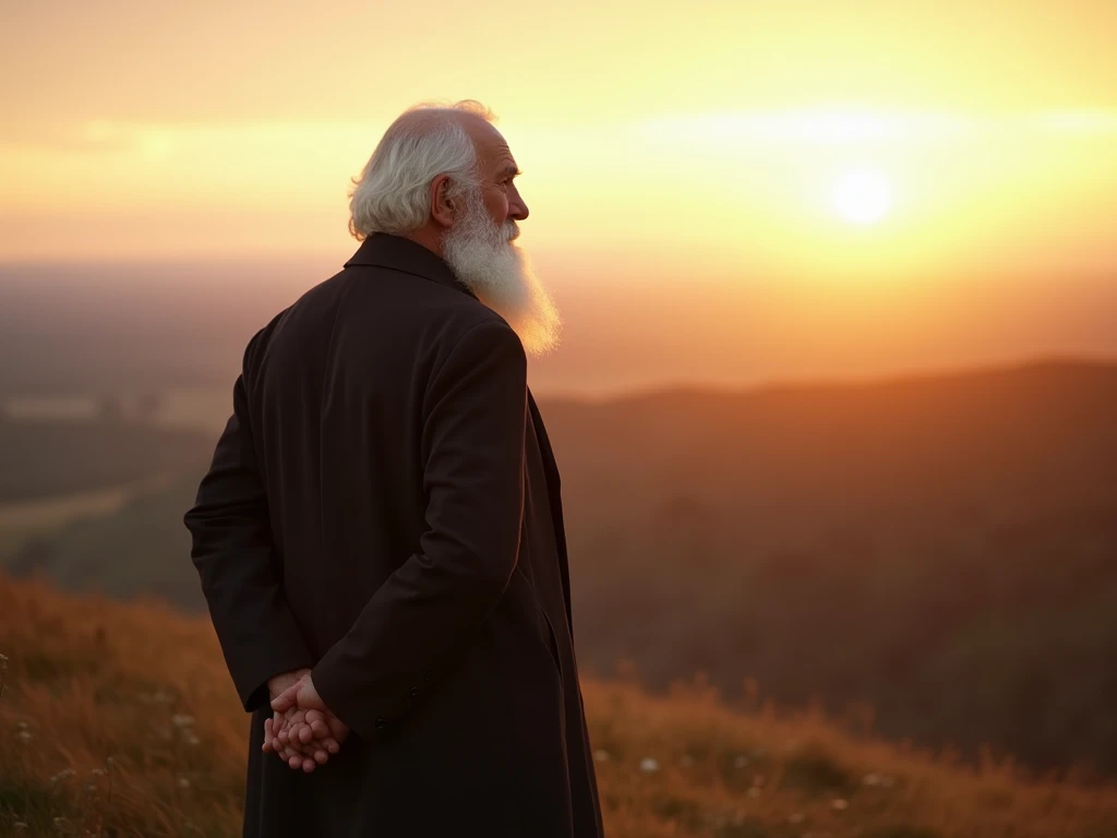 Leo Tolstoy (his white beard should be clearly visible, these photos were good but they don't really make it clear that it's fat) with his hands folded behind his back, he stands very far from the camera on the hill with a calm look at the horizon and watc...