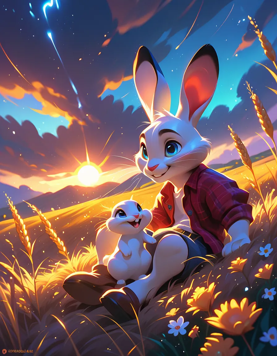 a fantastic white rabbit with blue eyes, with a sweet expression, he is lying on the country wheat field near a farm, while a golden sunset over the flowers hill during a dark thunderstorm