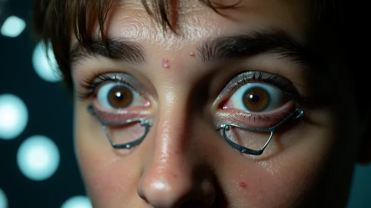 Create a cinematic, photorealistic close-up of Alex DeLarge’s eyes during the Ludovico Technique from A Clockwork Orange, with metal specula forcing his eyelids open, stretching the delicate skin uncomfortably. His dilated pupils reflect the horrifying ima...