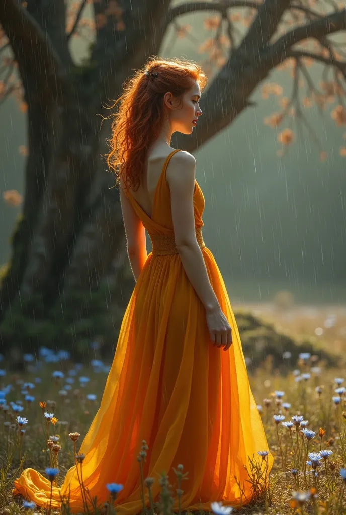 create a realistic cinematic image of a girl from the front with her eyes down from the side, You can see beautiful buttocks, . She is beautiful, sexy, tall and thin. She wears a transparent orange and yellow ochre dress. She is on her back in the rain, be...