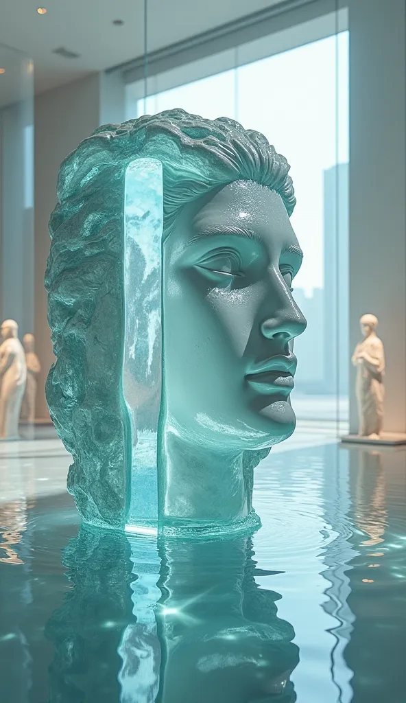 Extremely detailed, hyper-photographic museum gallery with a futuristic glass aesthetic. Transparent walls, mirrored floors and carefully crafted glass sculptures fill the space. In the foreground is a huge vertical glass boulder over which water flows, fo...