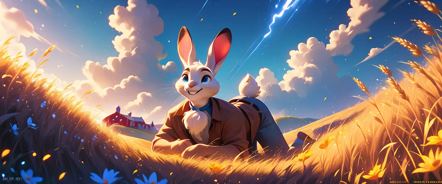 a fantastic white rabbit with blue eyes, with a sweet expression, he is lying on the country wheat field near a farm, while a golden sunset over the flowers hill during a dark thunderstorm