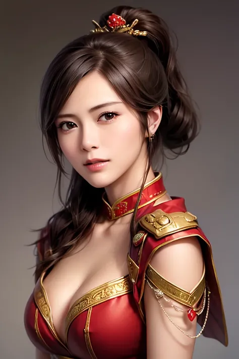 The upper body of a female warrior wearing red and gold armor and cloak, 1 person, cute ponytail ,Age 30, (((Real Face))), slightly larger breasts and cleavage, exposes cleavage,is angry,very fine face and skin texture , staring at the camera,   Chinese Wa...