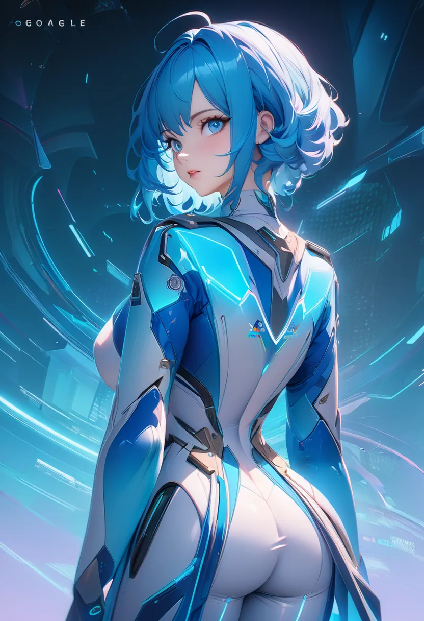 twin identical anime girl and boy, personification of Google Gemini, matching blue gradient outfits, light blue to deep blue color scheme, standing back to back, ethereal glow, digital art style, futuristic, AI theme, holographic elements, matching short b...