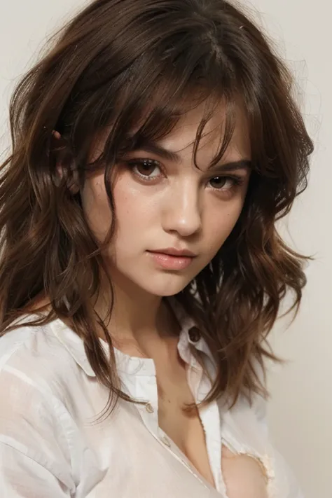 Tomboy woman, with messy brown wavy hair, Brown eyes, oval shape face, small thin lips, cleavage, huge breasts,and white shirt