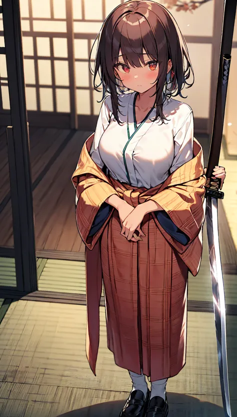 A beautiful, tanned high school girl stands confidently in a traditional Japanese tatami room, holding a Japanese katana firmly in both hands. Her skin is deeply sun-kissed, with a rich, golden tan, highlighting the contrast between her fair complexion and...