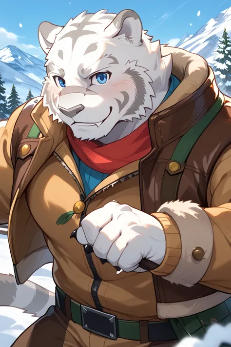 Zero Mercenaries,Mercenaries of the Evil One, Mammals,  white tiger, Grey Nose, Blue Eyes, male,  big body , 大male, close-up, snow, snowが降っている, message, white breath, muffler, down jacket in the snowy mountains, Cold protection, and look at us, motion blur...