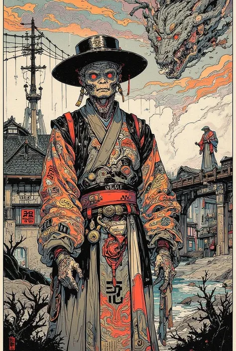    There is an Ukiyo-e of a crazy Japanese 'teenage mutant ninja turtle'.wearing a hat ,  A monk walking on a suspension bridge while chanting Nembutsu ,Scary works,Exorcist,A monster that flies in the sky,The kanji for burning , Occult Horror Art,bright r...