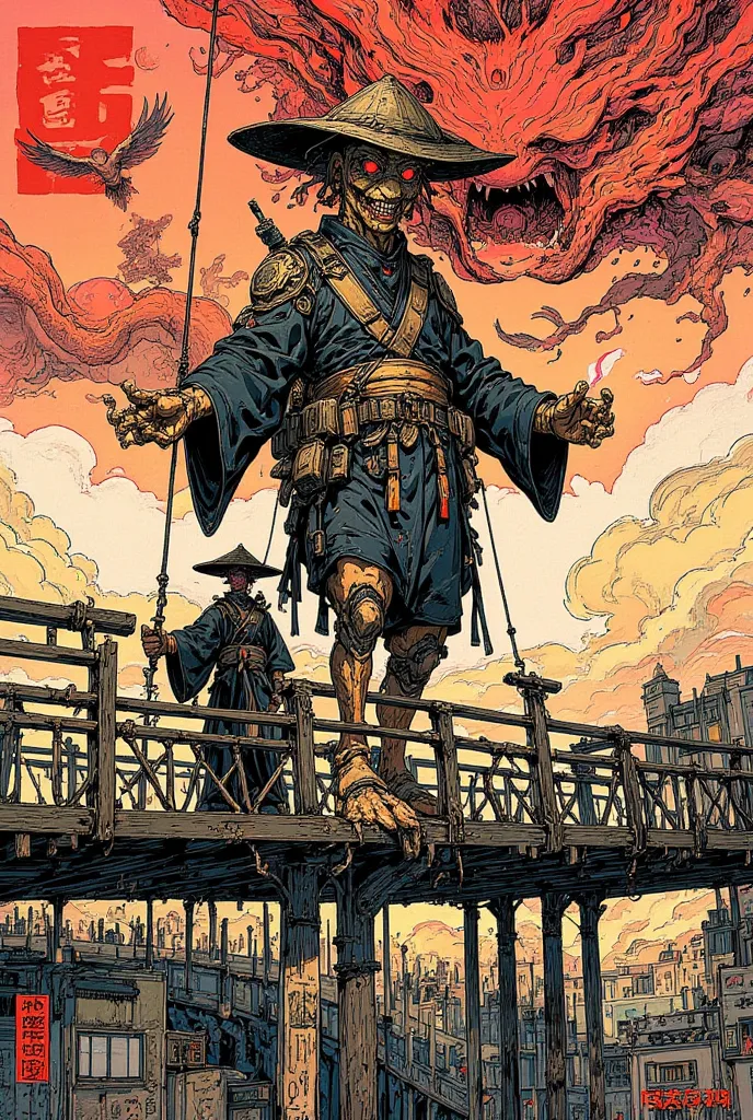    There is an Ukiyo-e of a crazy Japanese 'teenage mutant ninja turtle'.wearing a hat ,  A monk walking on a suspension bridge while chanting Nembutsu ,Scary works,Exorcist,A monster that flies in the sky,The kanji for burning , Occult Horror Art,bright r...