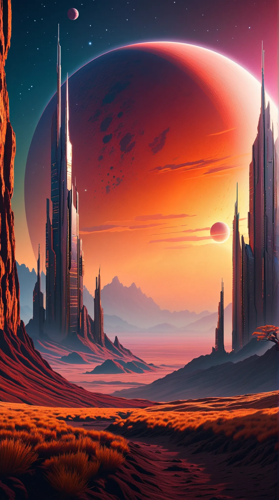 realistic digital painting, sci-fi, tall building like in feudal Japan but in sci-fi style on an alien planet in another galaxy, only two suns visible in the sky, immersive background of an alien planet, film grain, depth of field, HDR, beautiful lighting,