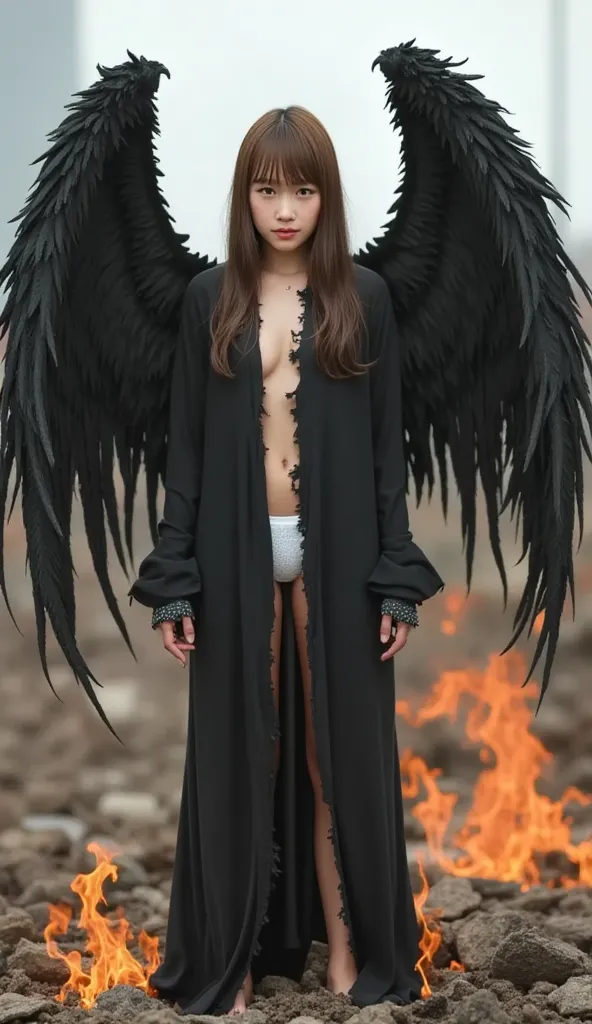 1 girl, ((( Showing white panties)))、angel,black angel wings,Wings engulfed in flames、Black Tunic,((( is on the battlefield))),clothes are torn