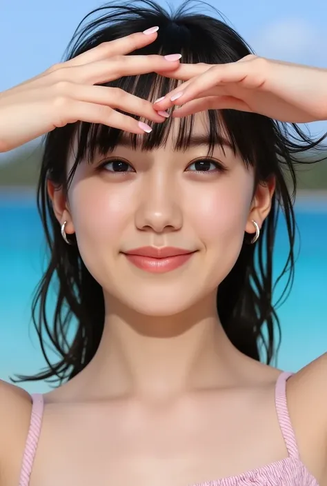 Photographing a young woman with the blue sea in the background、Blocking the bright sunlight with both hands、 look up at the sky、wearing a sleeveless shirt and showing a light smile、open your mouth slightly, smiles, medium hair, hair that flutters in the w...