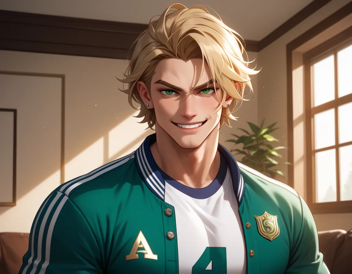 score_9, score_8_up, score_7_up, (masterpiece), (best quality), 1boy, upper_body, solo, tall_and_muscular, short_dirty_blonde_hair, strong_jawline, confident_smirk, piercing_green_eyes, wearing_a_letterman_jacket, white_tight_fitted_tshirt, athletic_physiq...