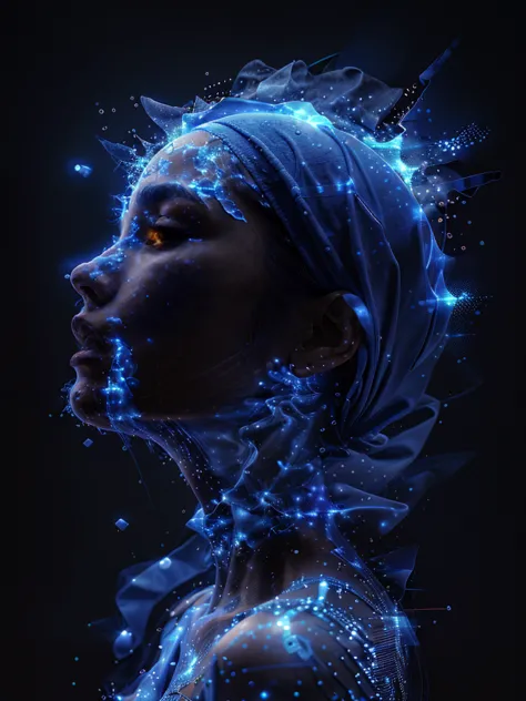 Abstract art, 1girl in hijab, full body robe,, blue theme, from the side, black background, profile, simple background, blue skin