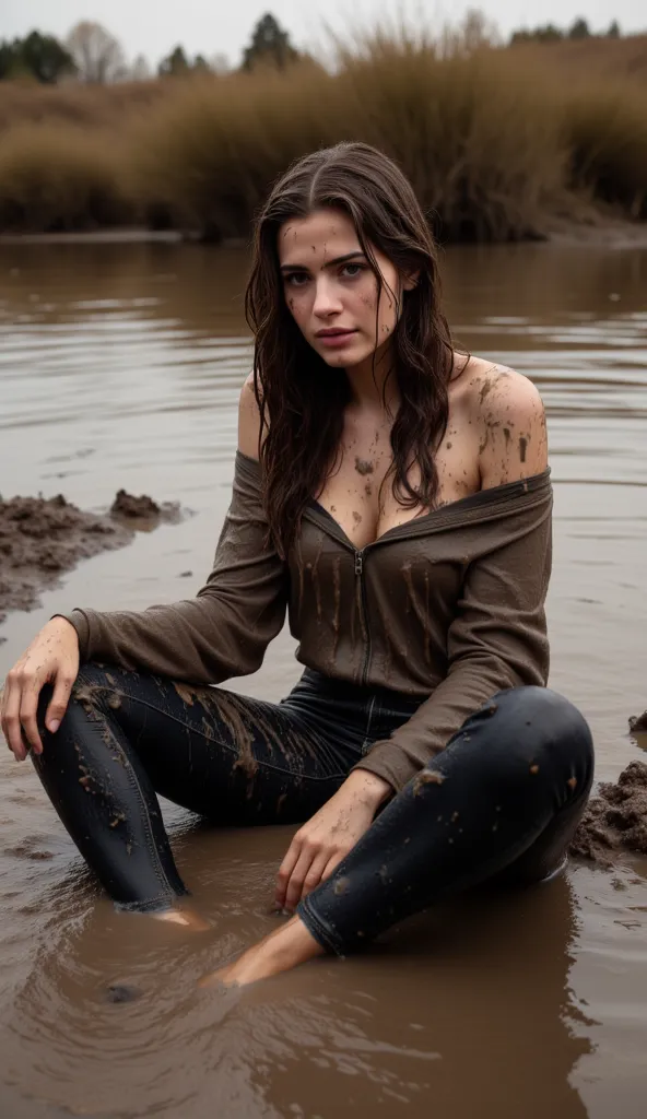 (DUSK, ((woman sitting in deep mud, Isabella, 20 years old, soaking wet, dark long hairs, mud spreads all over her, ))(hoodie, off shoulders, covered in mud, mud soaked, soaking wet, mud covered, )(jeans, dark blue, soaking wet, mud covered, soaking mud, )...