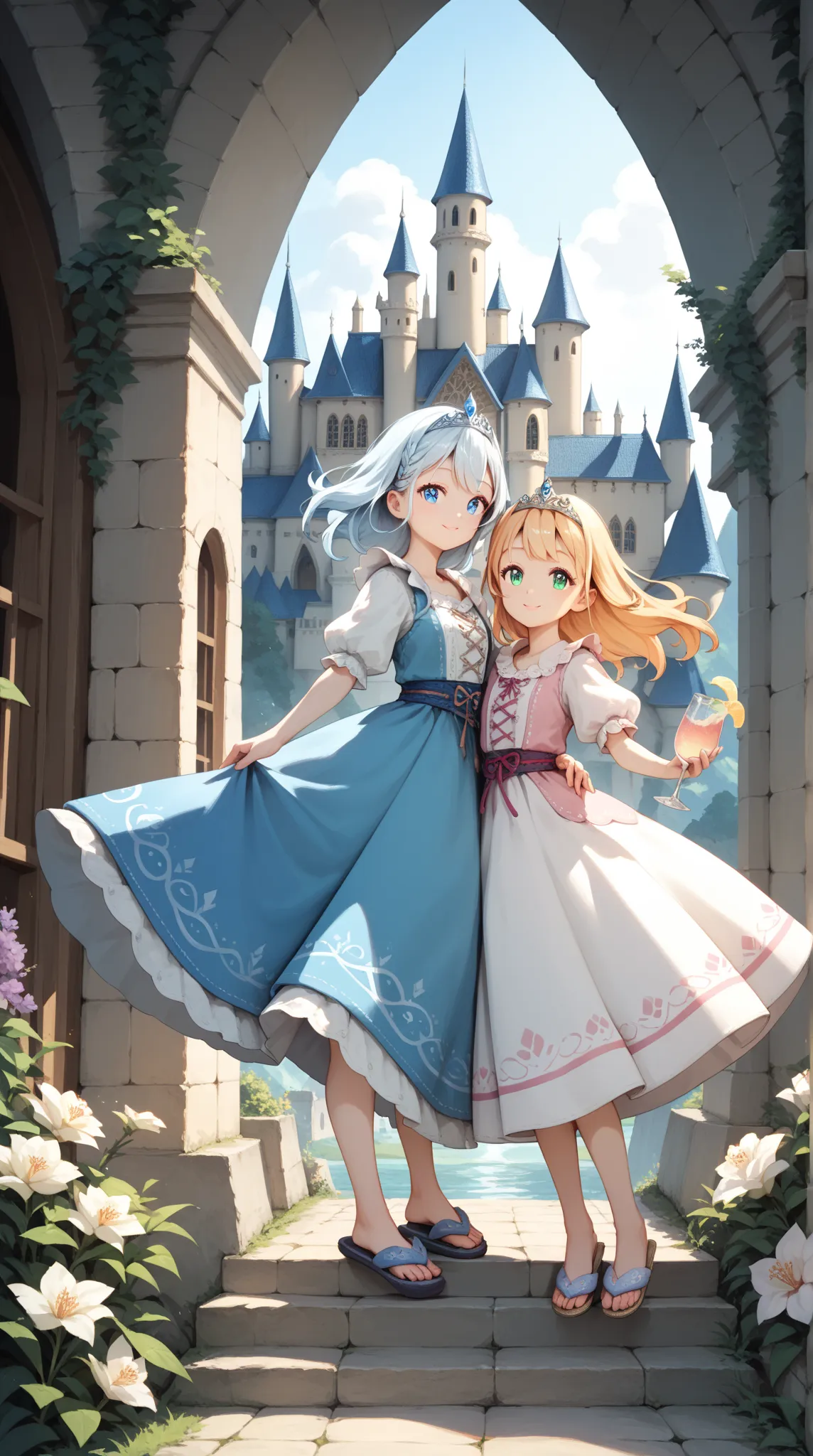  MASTERPIECE , best quality , Japanese , cute face , Age 25 , ( Symmetrical Clear Eyes:1.3) , shining eyes , watching viewers ,  Medieval Dress ,Glass Slipper,tiara,Isekai Fantasy,Floating Castle
