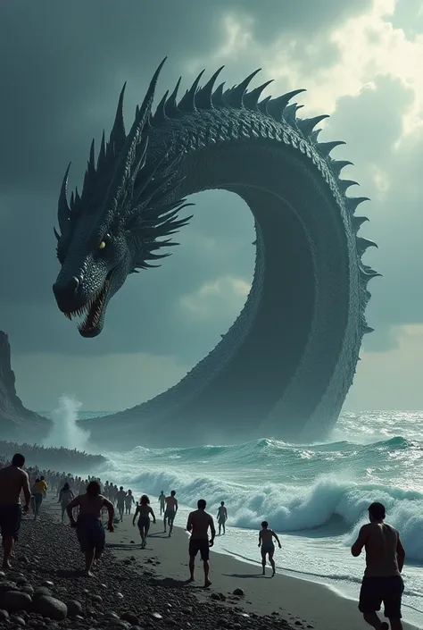 A massive, fearsome dragon emerges from the deep, dark ocean, its long, scaled body twisting and rising above the waves. The sky is filled with dark clouds as the dragon lets out a deafening roar, sending shockwaves through the air. On the shore, terrified...