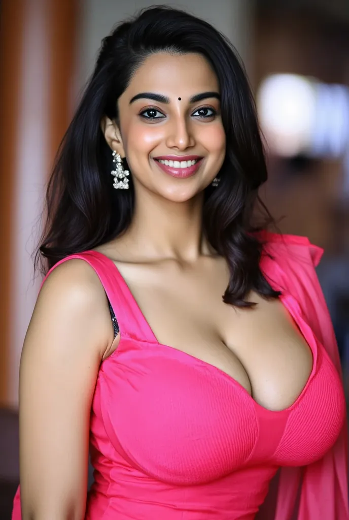 1girl, Solo, Large breasts, full body,clevage,front view,pink saree standing position,curvy body,body facing to camera and face smile