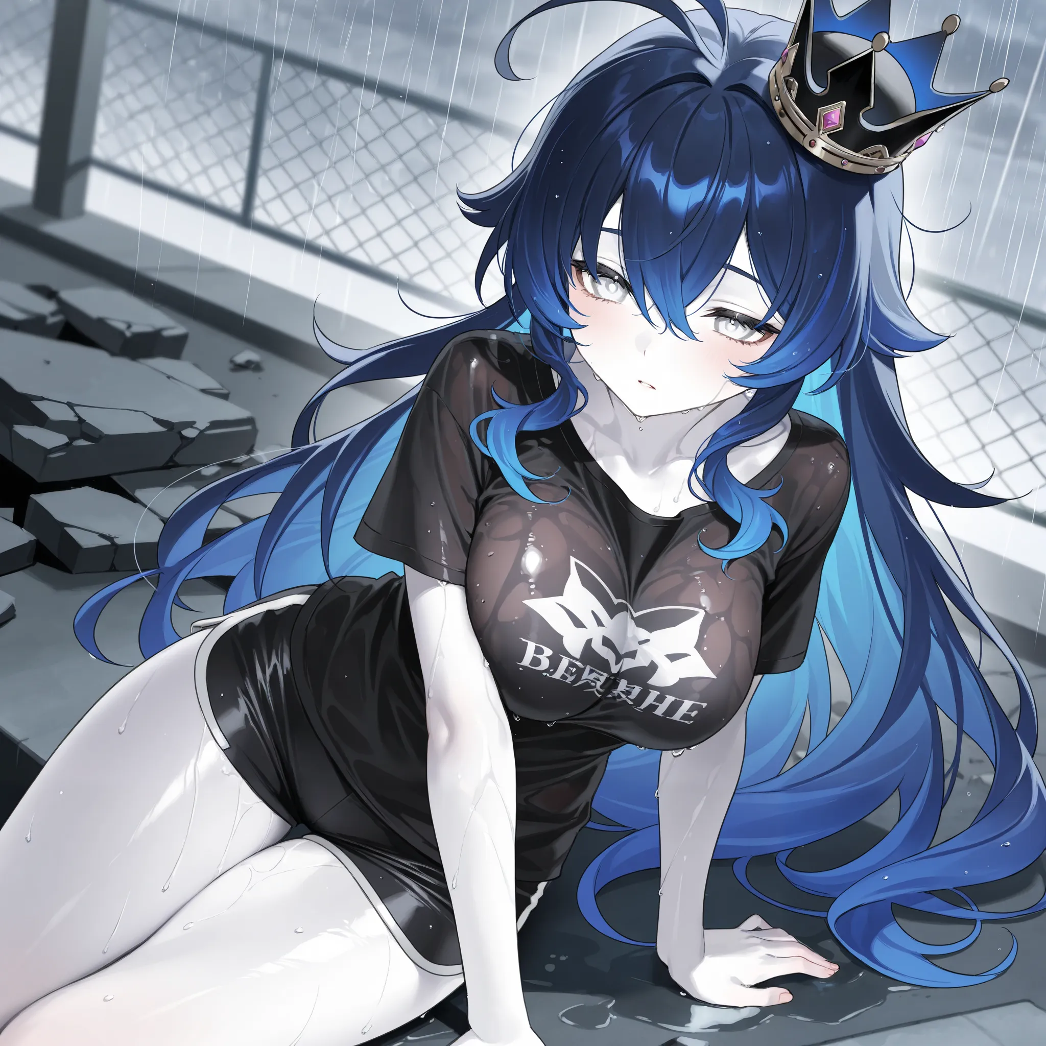 best image quality、High Resolution、 Resplendent Diamond Blue Hair 、white eyes、、rooftop、  black big t-shirt、beautiful breasts、  best thighs、GalaxyAura、 long hair、best image quality、floating rubble、Black Shorts、 white skin、 the royal family、、Straight face、Wa...