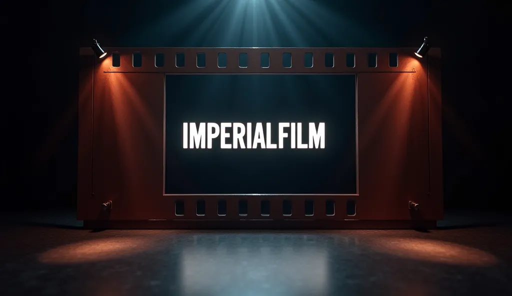 In the center is an image of a one-frame piece of cinematographic film perforated on one side with an inscription inside the frame : IMPERIALFILM . At the bottom, there are spotlights on the sides and illuminate the inscription