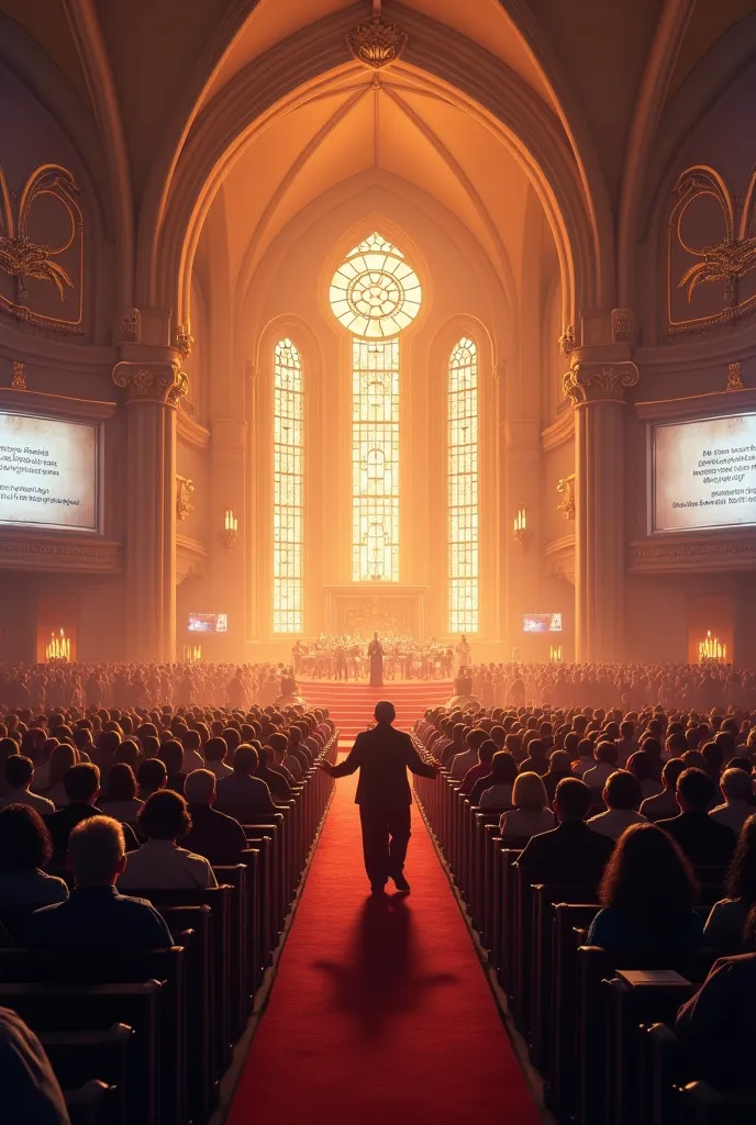 "A large event at the church, with worshipers and a musical group playing on stage. Screens show biblical verses and the audience is thrilled. The venue has modern lighting and elegant decor."