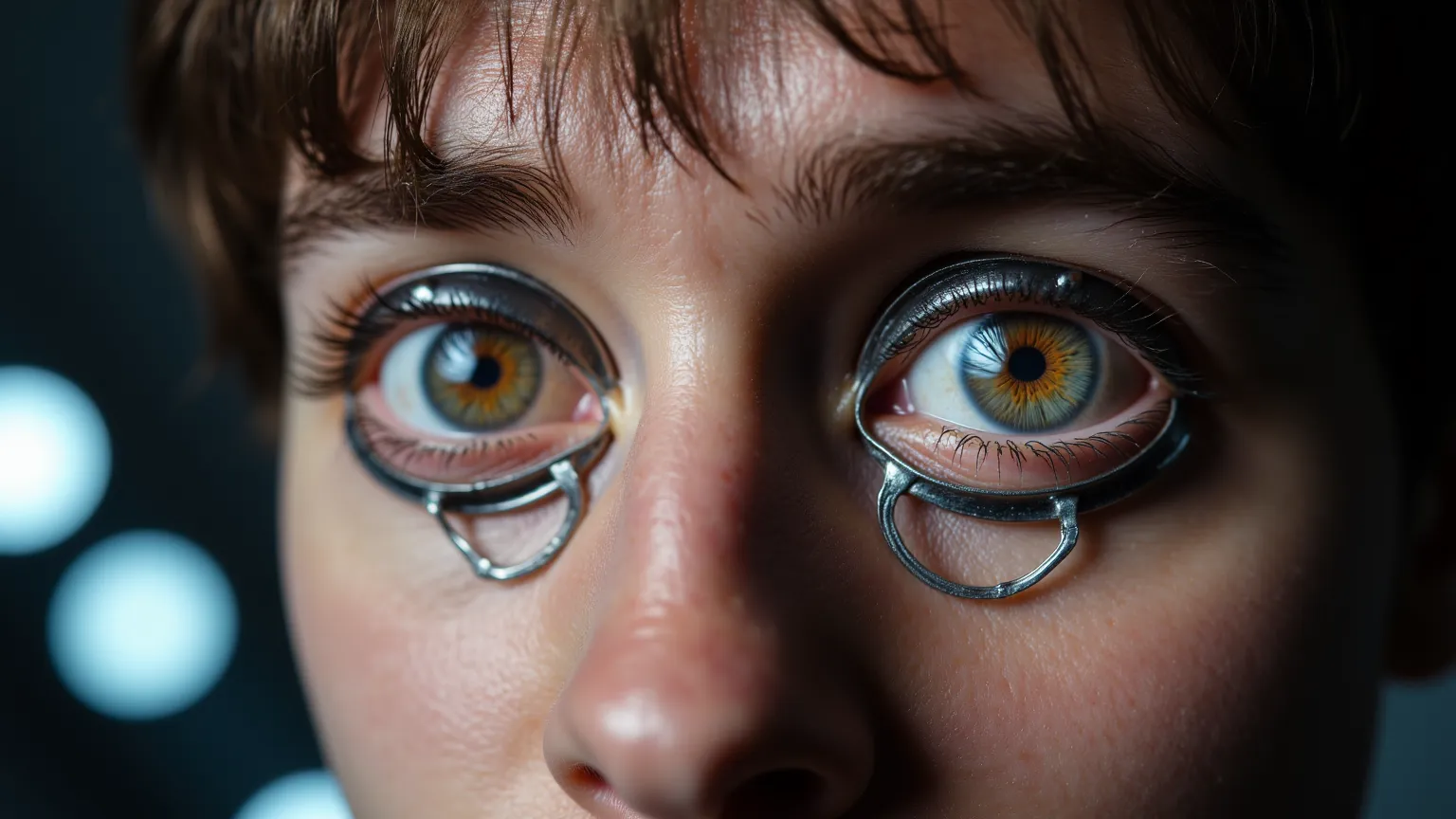 Create a cinematic, photorealistic close-up of Alex DeLarge’s eyes during the Ludovico Technique from A Clockwork Orange, with metal specula forcing his eyelids open, stretching the delicate skin uncomfortably. His dilated pupils reflect the horrifying ima...