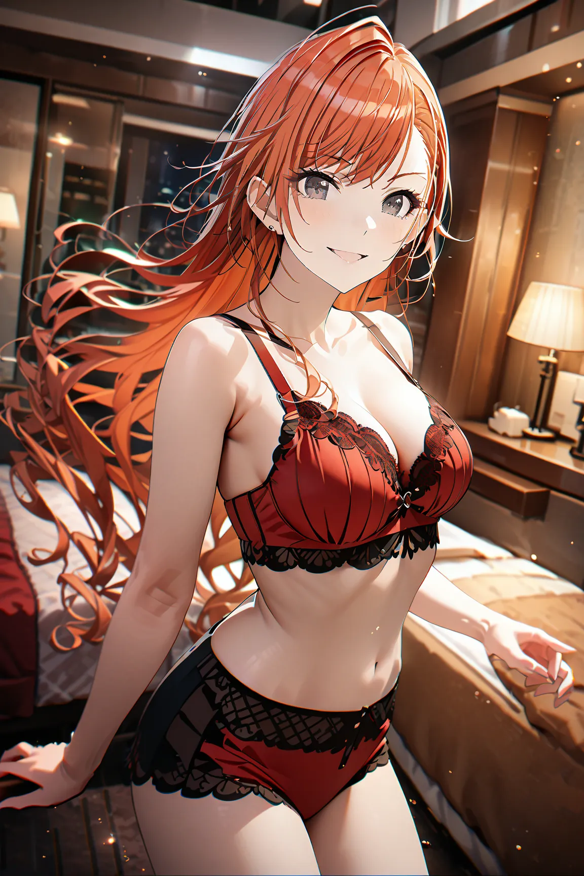 arisugawa natsuha,a girl with long hair, orange hair, grey eyes, large breasts,, alone in a hotel bedroom at night. She’s clearly wearing only a red bra and red underwear, underwear only, in a cowboy shot,smiling happily. 32K ultra-detailed, hyper-realisti...