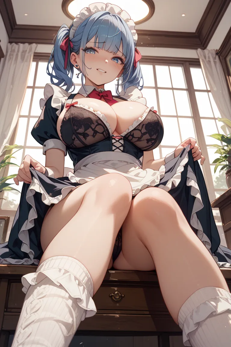 1 girl、Maid、sitting、frill socks、 from below、is embarrassing、black sheer lingerie、Big Breasts、squirt