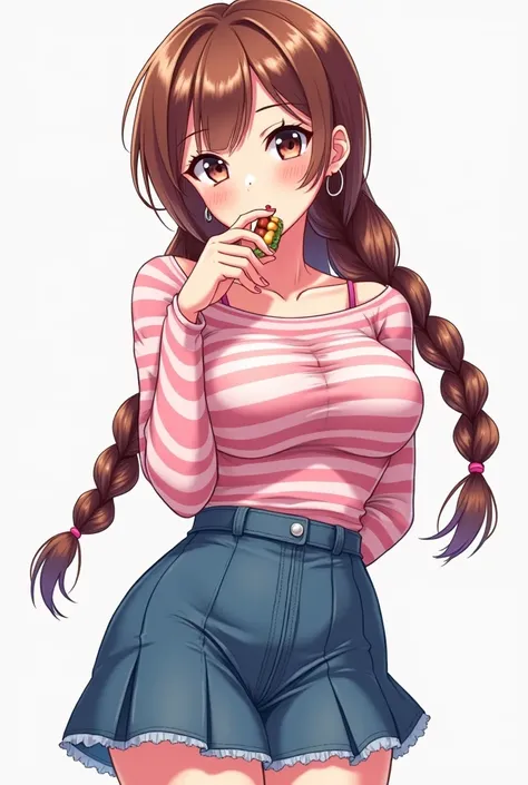 Latin anime, Cartoon drawing sexy busty with pleated pleated skirt in jean color  , long sleeve top pink and white stripes hair with two long braids , eating a piece of sweet sexy pretty happy 