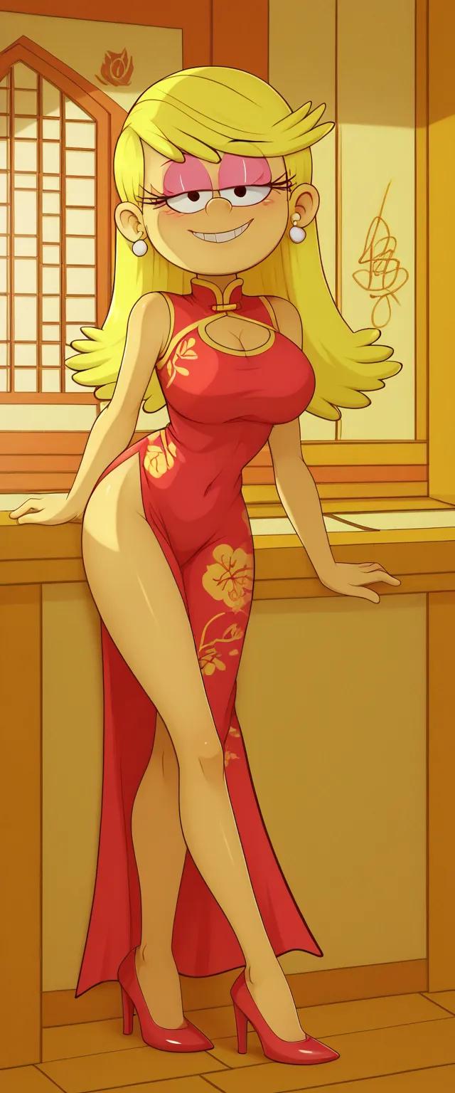 safe_pos, score_9, score_8_up, score_7_up BREAK blonde hair, long hair, earrings, pink eyeshadow, lola loud, the loud house, BREAK large breasts, BREAK looking at you, red cheongsam, inside of a chinese temple, full body view, smile, sexy pose, half closed...