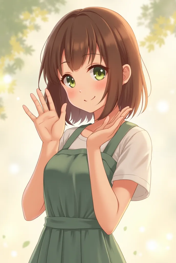 (anime girl) cute, soft color style, soft brown hair color, soft green eyes, waving, smiling