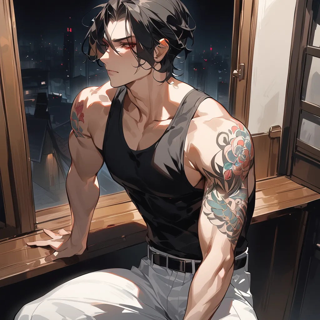 ( masterpiece,   High Resolution  ,  best quality),   malesolo, anime style、solo, anime style、Yakuza、 Yankee、Tattoo、 seventy-three-quarter 、pink eyes、solo, sling, Short hair、 male、 Black Shorthair 、 long pants、 black hair、black tank top、night、 inside the h...