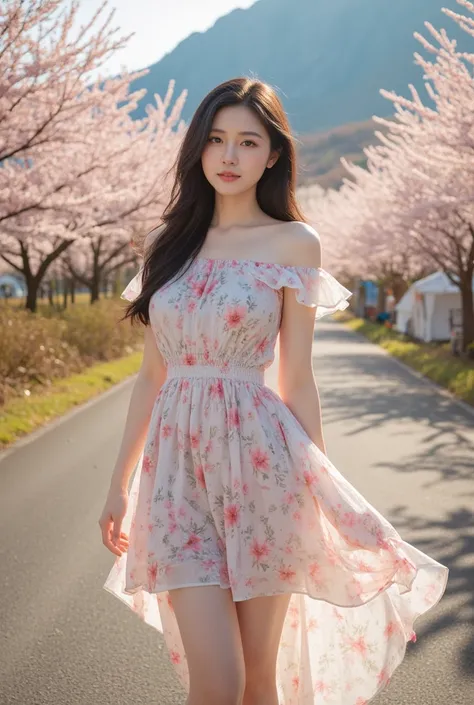 A stunning portrait of a young woman with long, flowing black hair standing gracefully on a countryside road, surrounded by lush cherry blossom trees in full bloom. She wears an elegant, off-shoulder floral dress with delicate ruffled sleeves, a cinched wa...